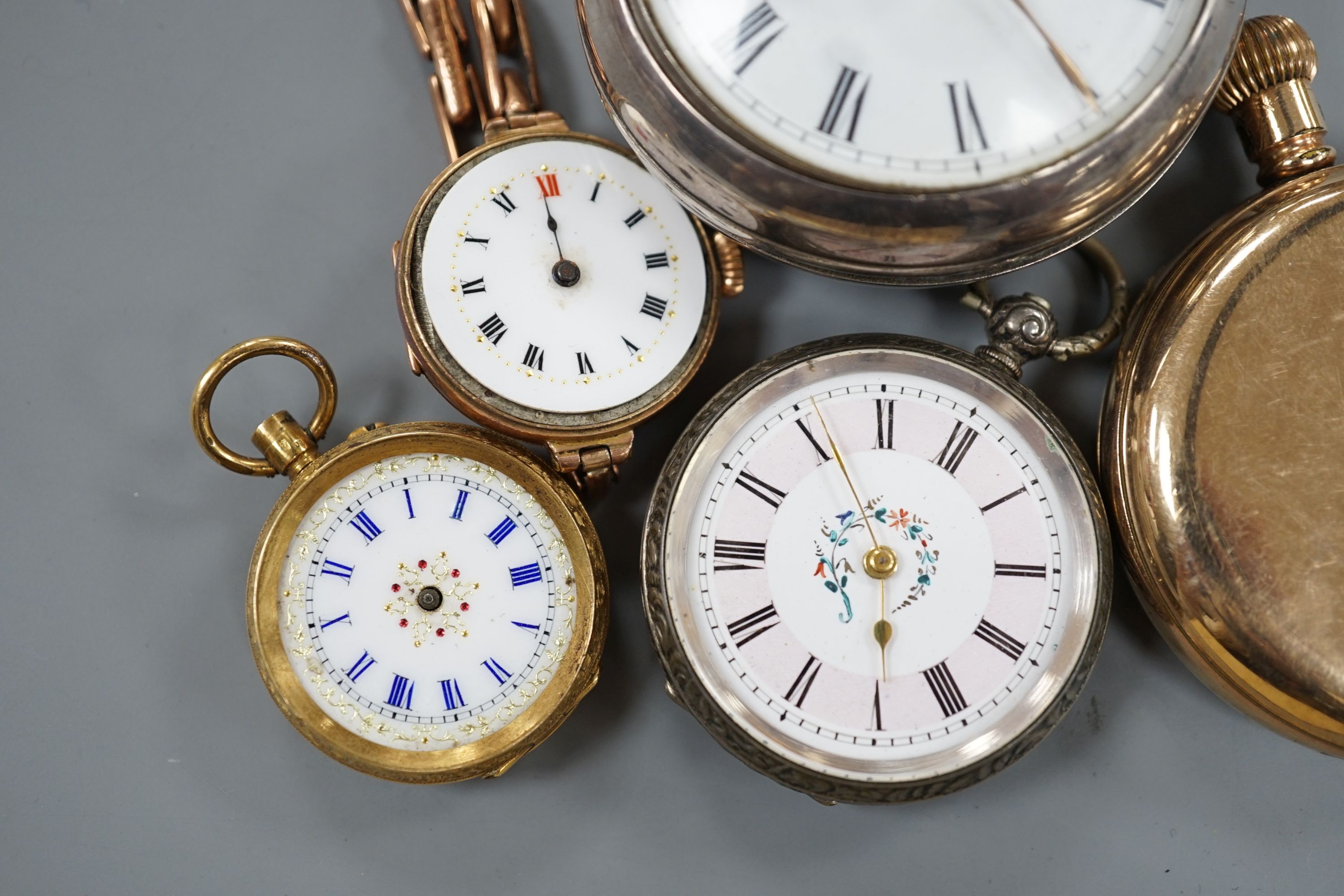 An 18k fob watch(a.f.) gross 20.4 grams, a 9ct wrist watch on a 9ct expanding bracelet, gross 20.7 grams, a gold plated pocket watch, an 800 fob watch and a 19th century silver pair cased verge keywind pocket watch, by J